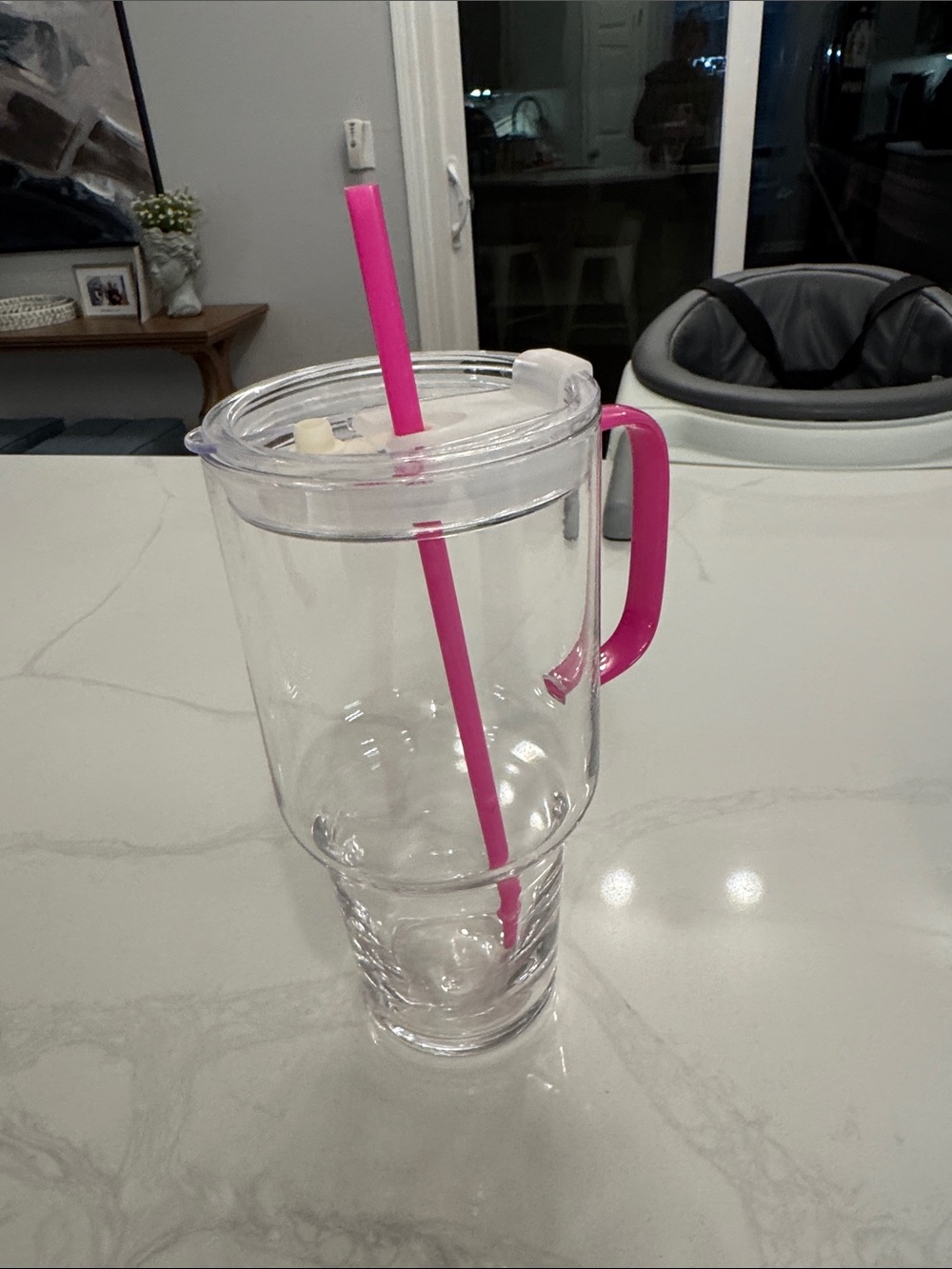 Clear Glass Travel Tumbler with Pink Handle & Straw